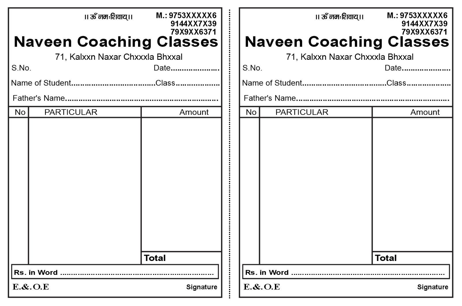 coaching classes payment receipt design