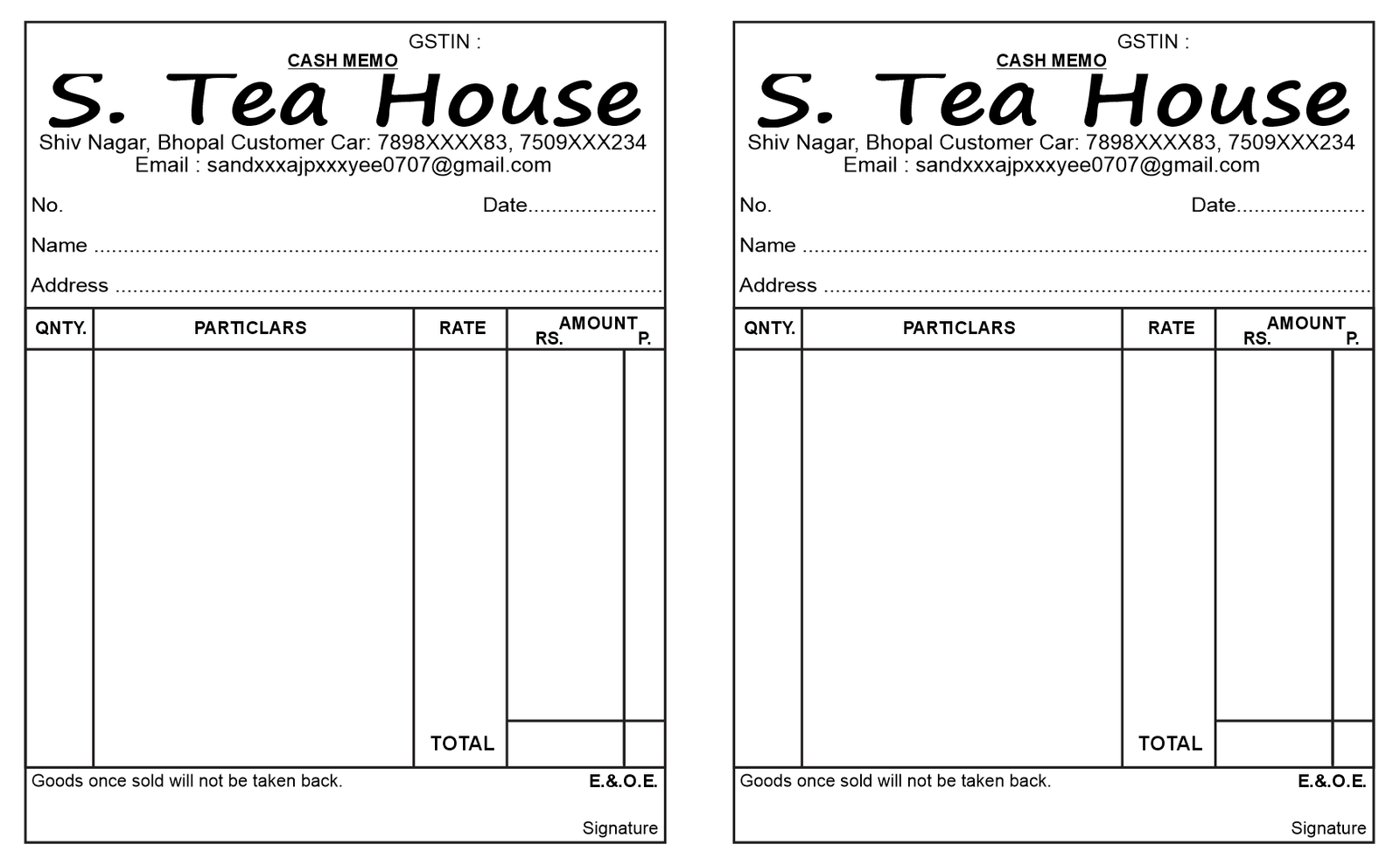 tea shop payment slip design